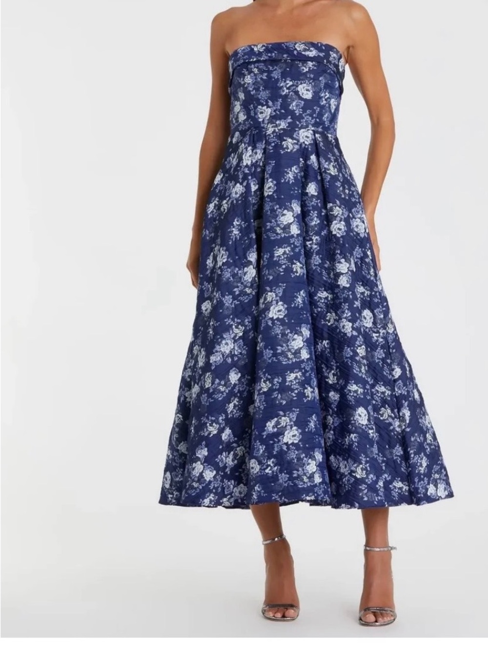 Mac Duggal Navy Blue and White Strapless Floral Midi Dress - Picture 1 of 6